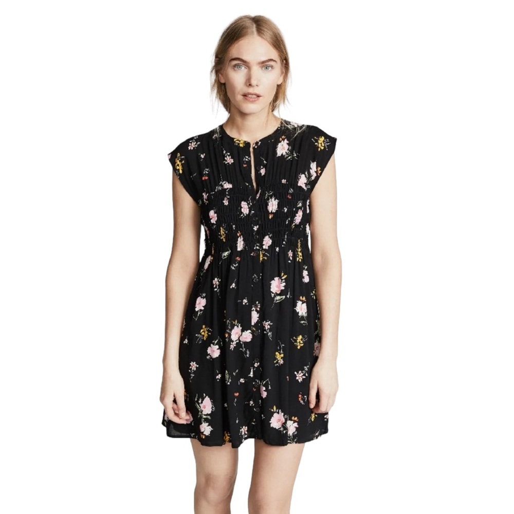 Free People Greatest Day Smocked Black Combo Floral Mini Dress